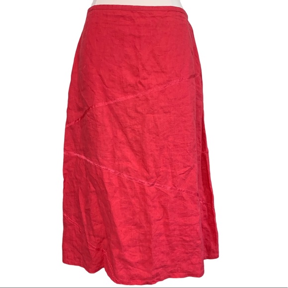 Moment By Moment Linen Asymmetrical Ribbon Detail Red Coral Midi Skirt US M - Picture 1 of 7